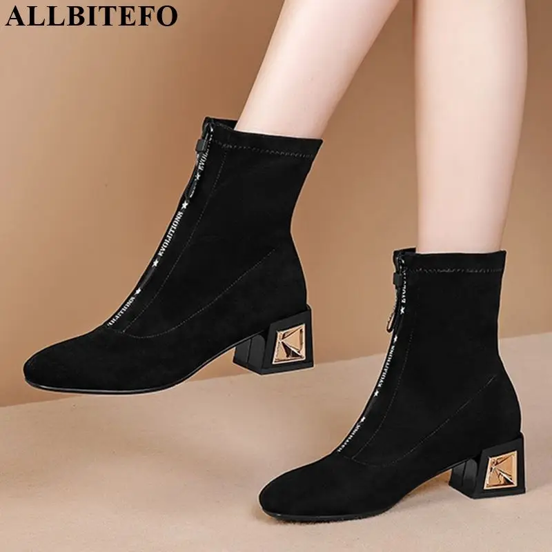 ALLBITEFO/Брендовые женские ботинки; Высококачественные эластичные однотонные ботильоны из флока; сезон осень-зима; классические модные ботинки для девочек