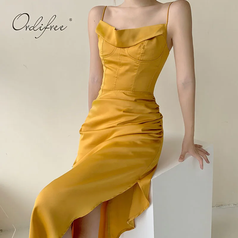 

Ordifree 2022 Summer Women Sexy Backless Dress Drapped Bodycon Side Slit Tunic Yellow Spaghetti Strap Long Satin Party Dress