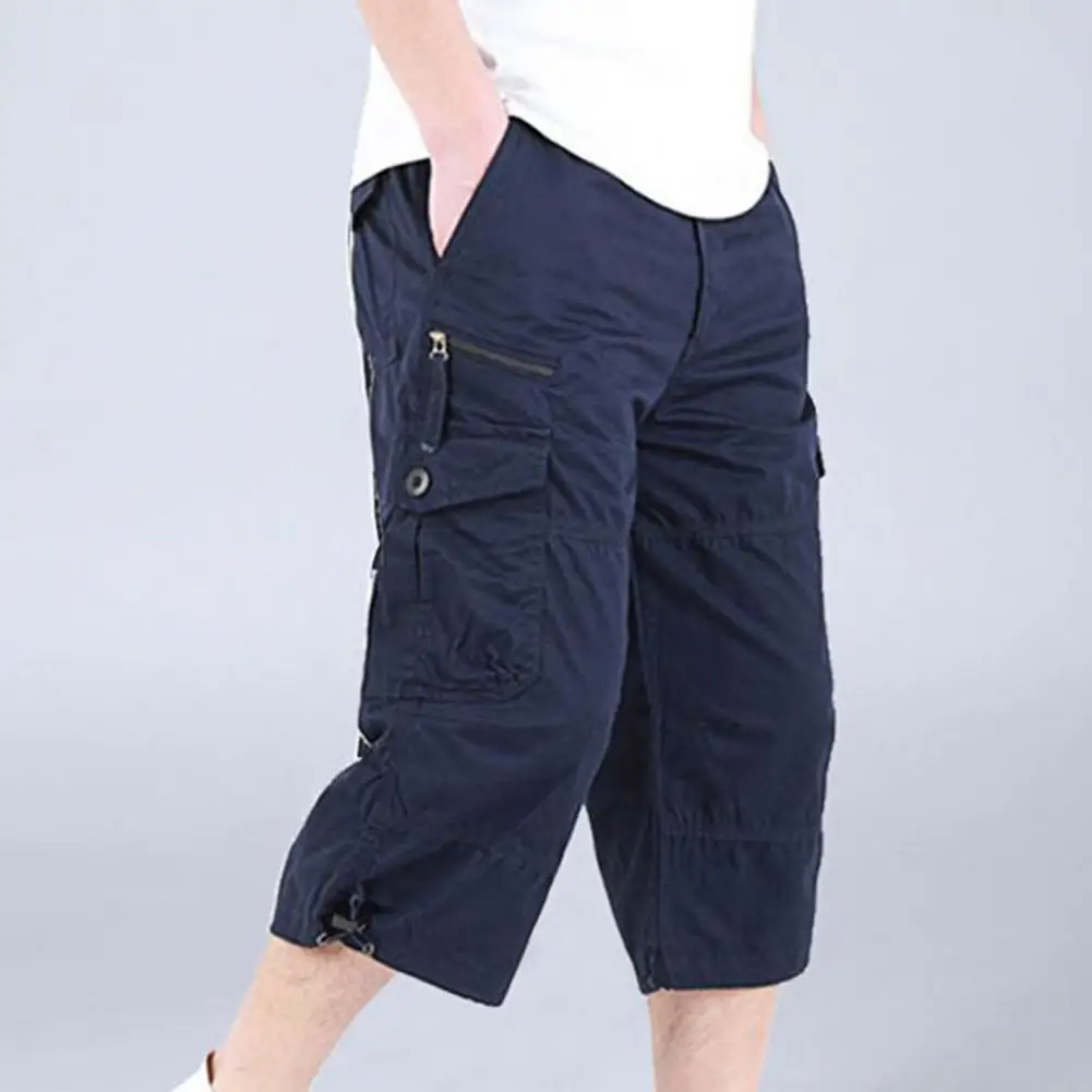 

Cargo Shorts Men Zipper Closure Capri Pants Elastic Waist Casual Multi Pockets High Waist Straight Cargo Shorts Male Streetwear