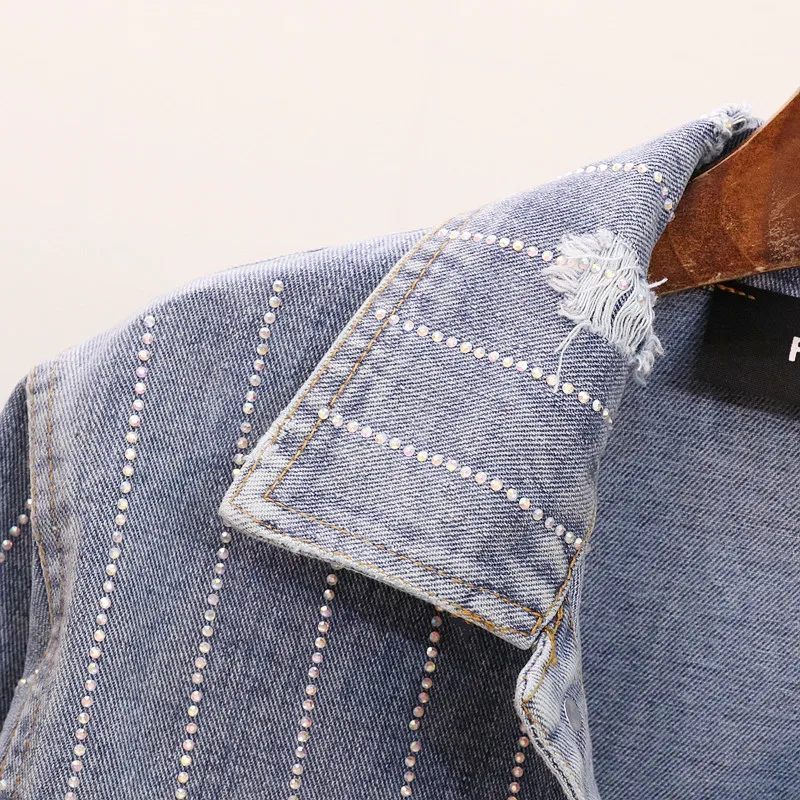 Осеннее джинсовое пальто женское в полоску со стразами|Женские куртки| |