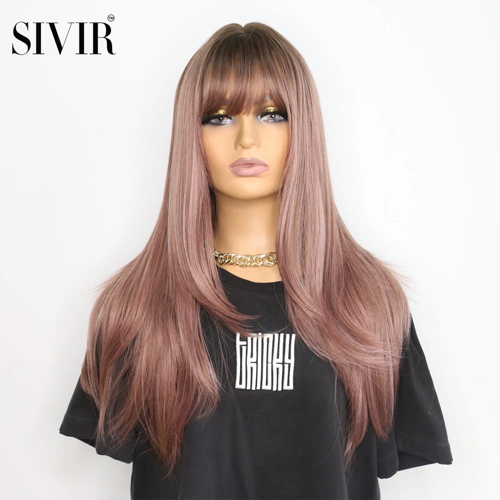 

Sivir Synthetic with Bangs Straight Wigs for Woman Pink Brown/Honey/Honey Tea Flax Heat Resistant Fibre Cosplay/Party/Daily