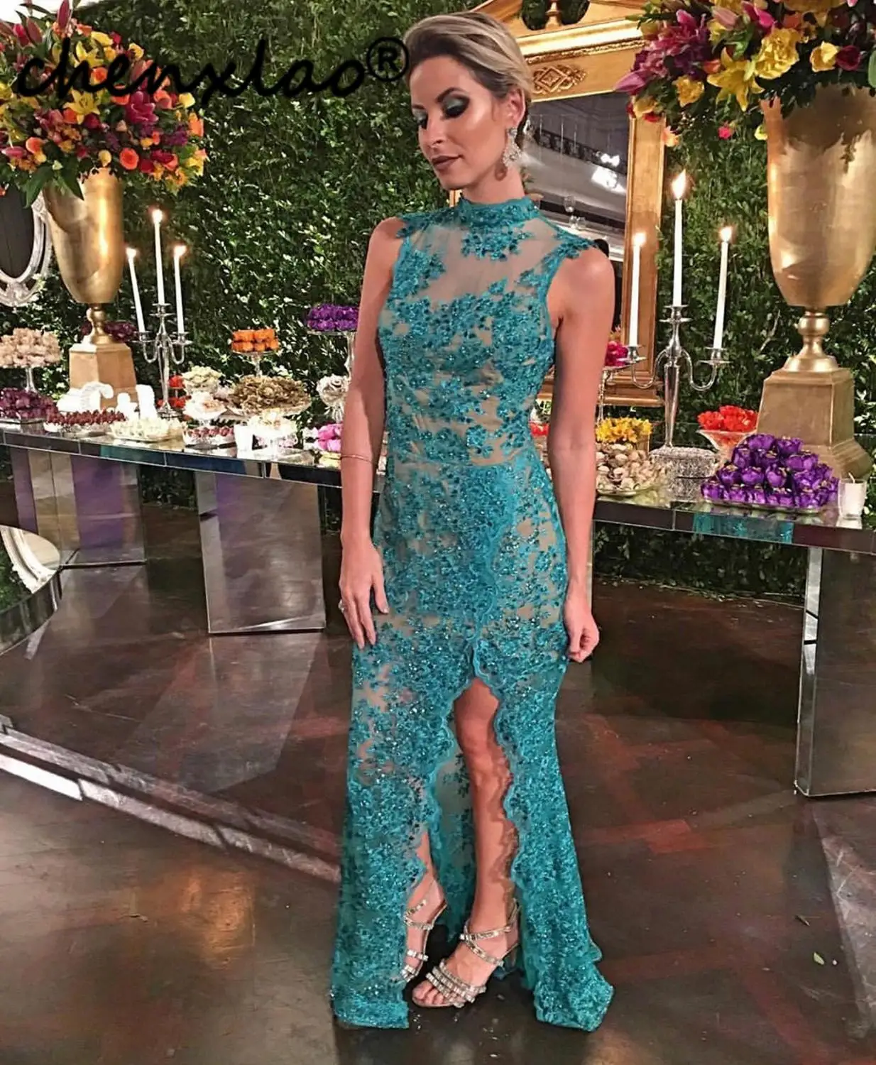 

Vestidos Green Evenign Dresses Lace Illusion Long Evening Dress High Split Floor Length Formal Gowns Robe de soiree