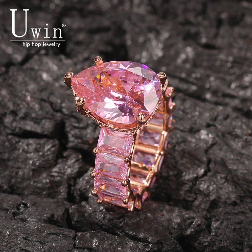 

Uwin Water Drop Big Baguette CZ Ring Full Gold Color Iced Out Ring Crystal Cubic Zirconia Luxury Fashion Hiphop Ms.Jewelry Gift