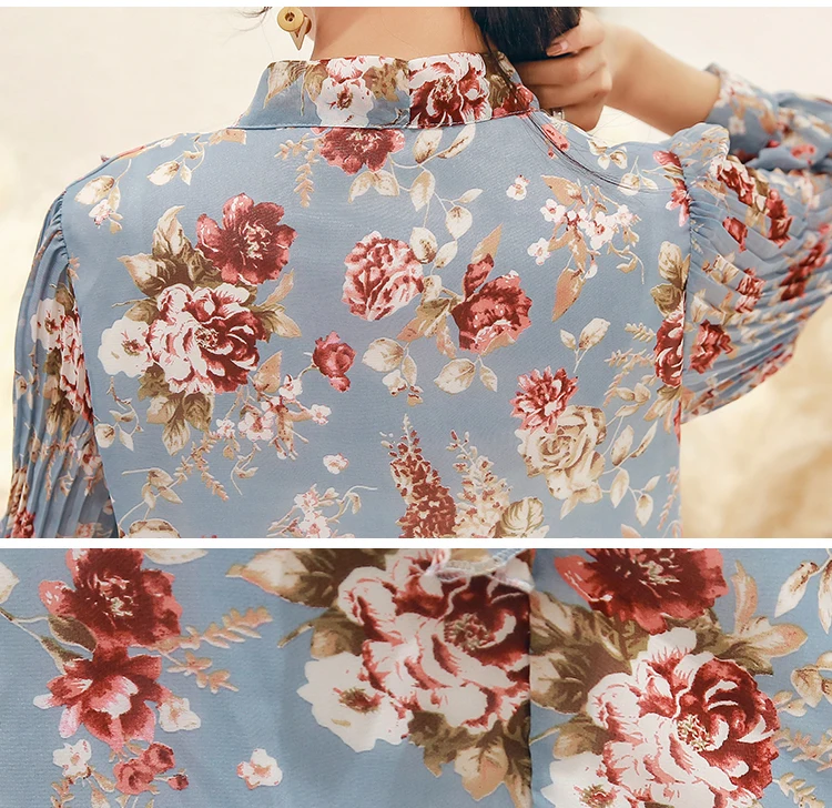 

Womens Tops And Blouses Bow V-neck Print Chiffon Blouse Shirt Women Tops Clothes Long Sleeve Blouse Women Blusa Feminina C551