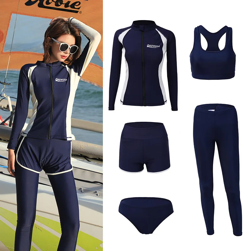 

Women 5pcs Rashguard Long Sleeve Zipper Bathing Suit Swimsuit Bikini set Full Body Surf Snorkel Dive Fitness Yoga Run Tracksuit