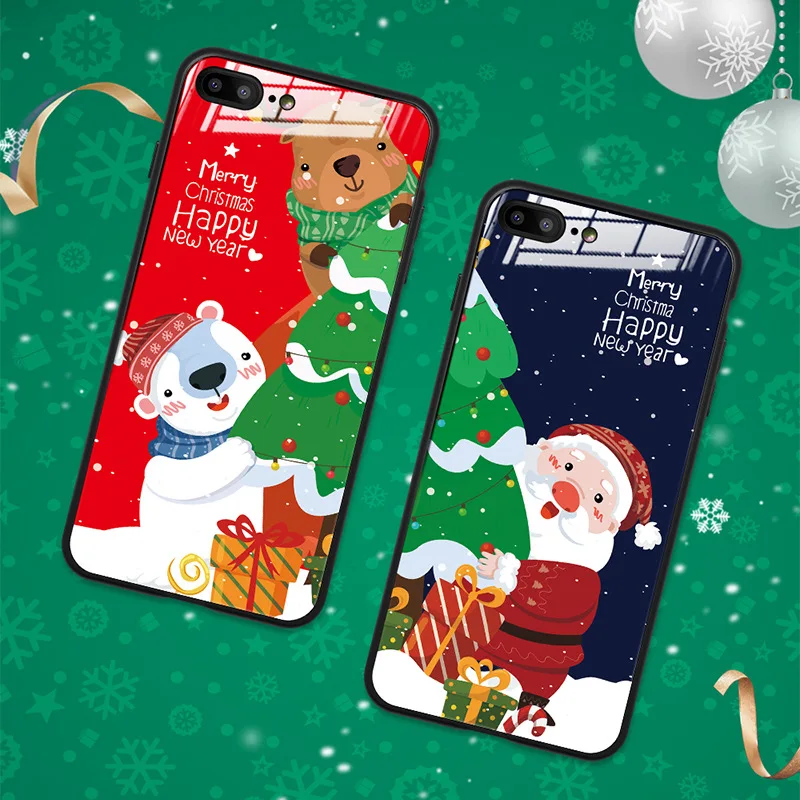 

New Santa Claus + Elk tempered glass phone case for iPhone 13 Promax 13 mini 12mini 11 XR XS 7 8 Plus series