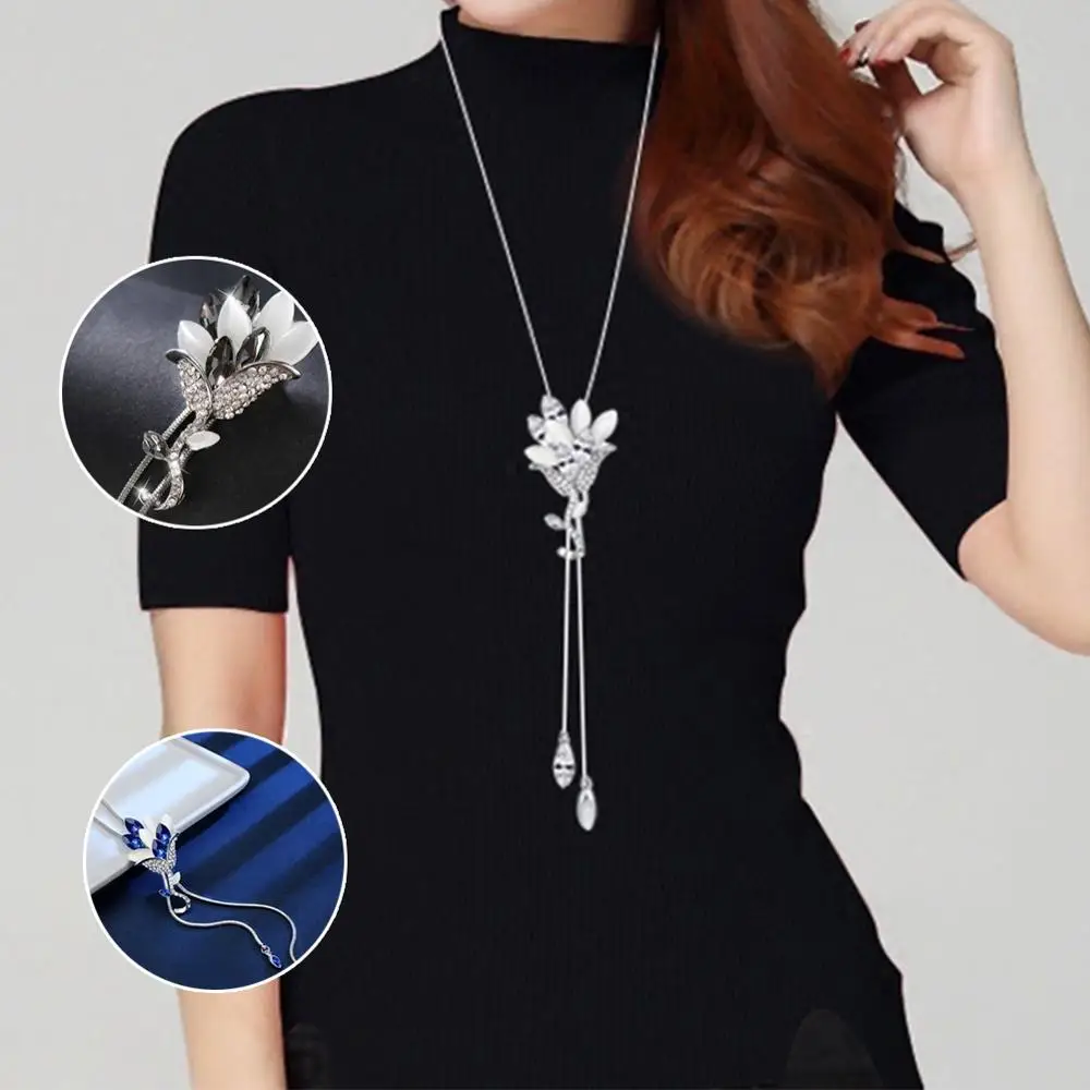 

Fashion New Women's Necklace Long Style Adjustable Sweater Chain Quality Crystal Rose Flower Gem Inlay Pendant Decor Jewelry