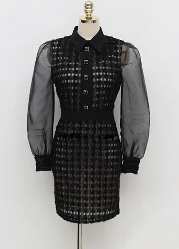 

2020 Spring Mesh Patchwork Puff Full Sleeve High Waist Women Turn down collar Buttons Mini Bodycon Office sheath Dress
