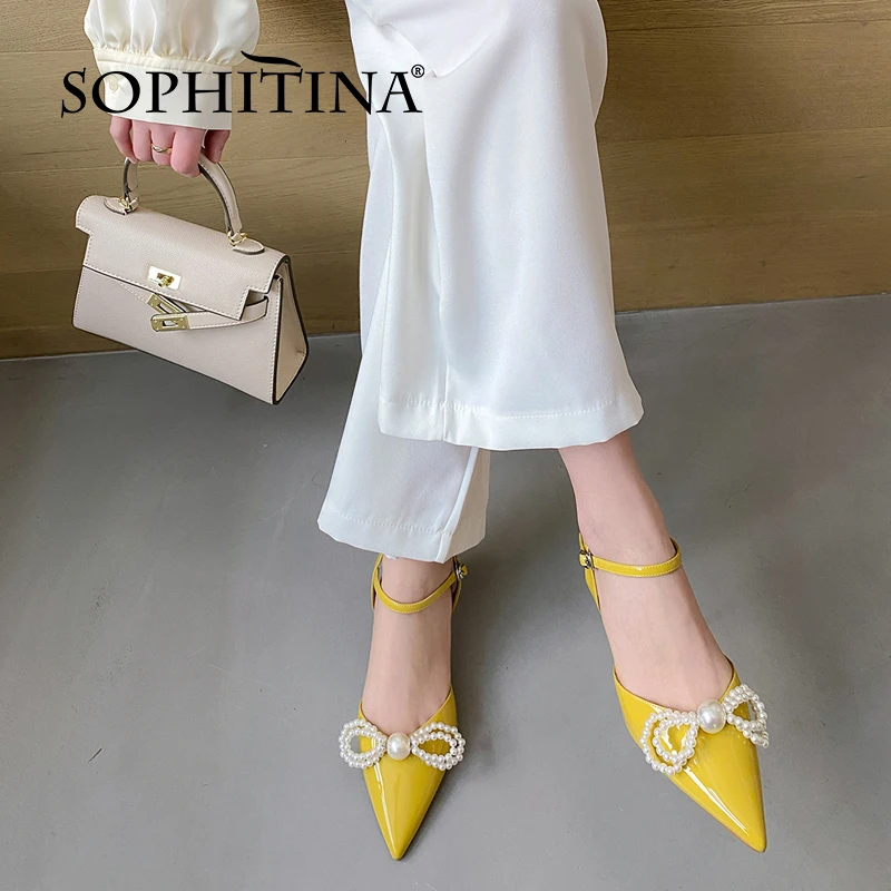 

SOPHITINA Patent Leather Summer Women Shoes Sweet String Bead Strange Heel Party Pointed Toe Yellow Sandals Pearl New 2021 FO290