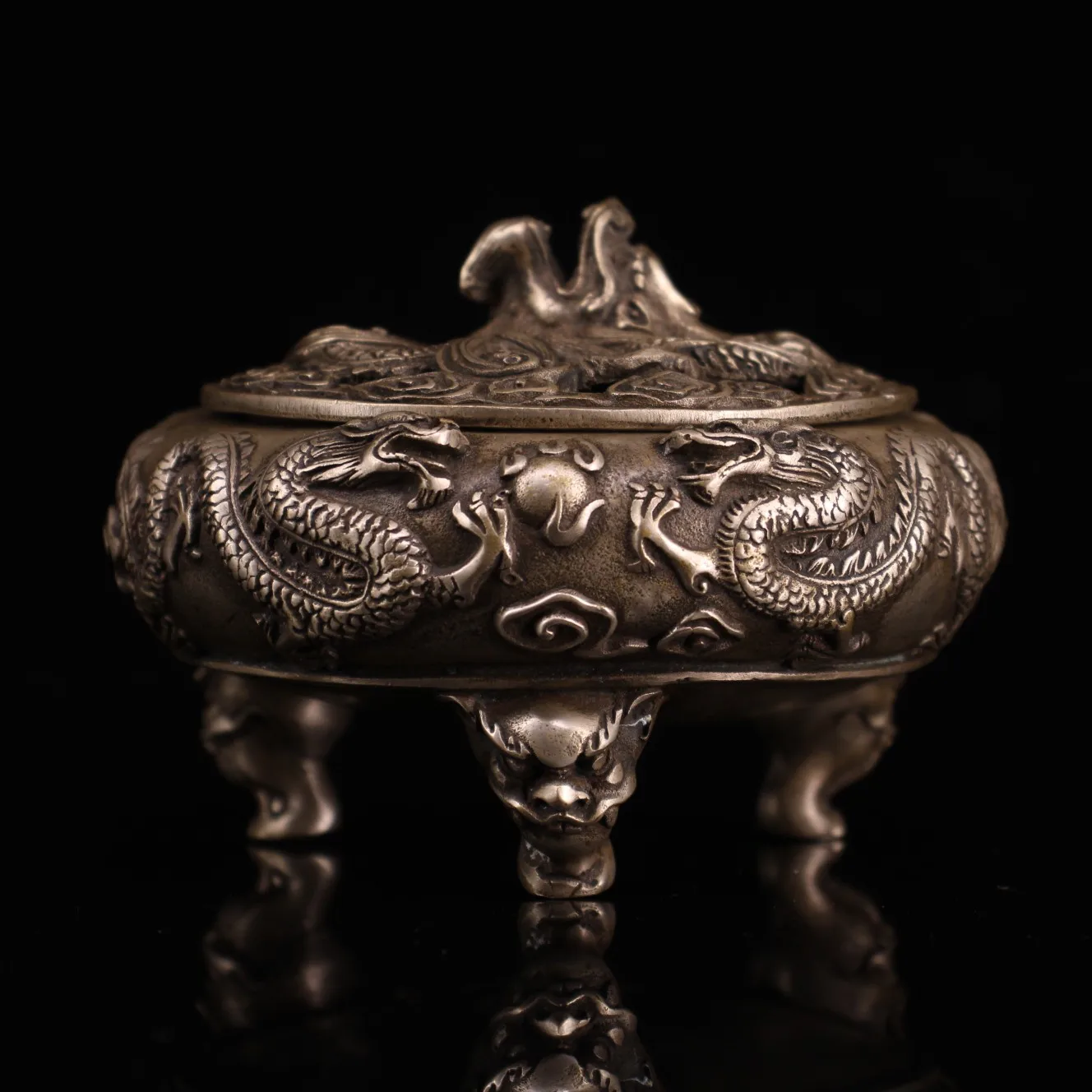 

5"Chinese temple collection Old Bronze Gilt silver Chinese dragon statue Double Dragon Play Beads Three-legged incense burner