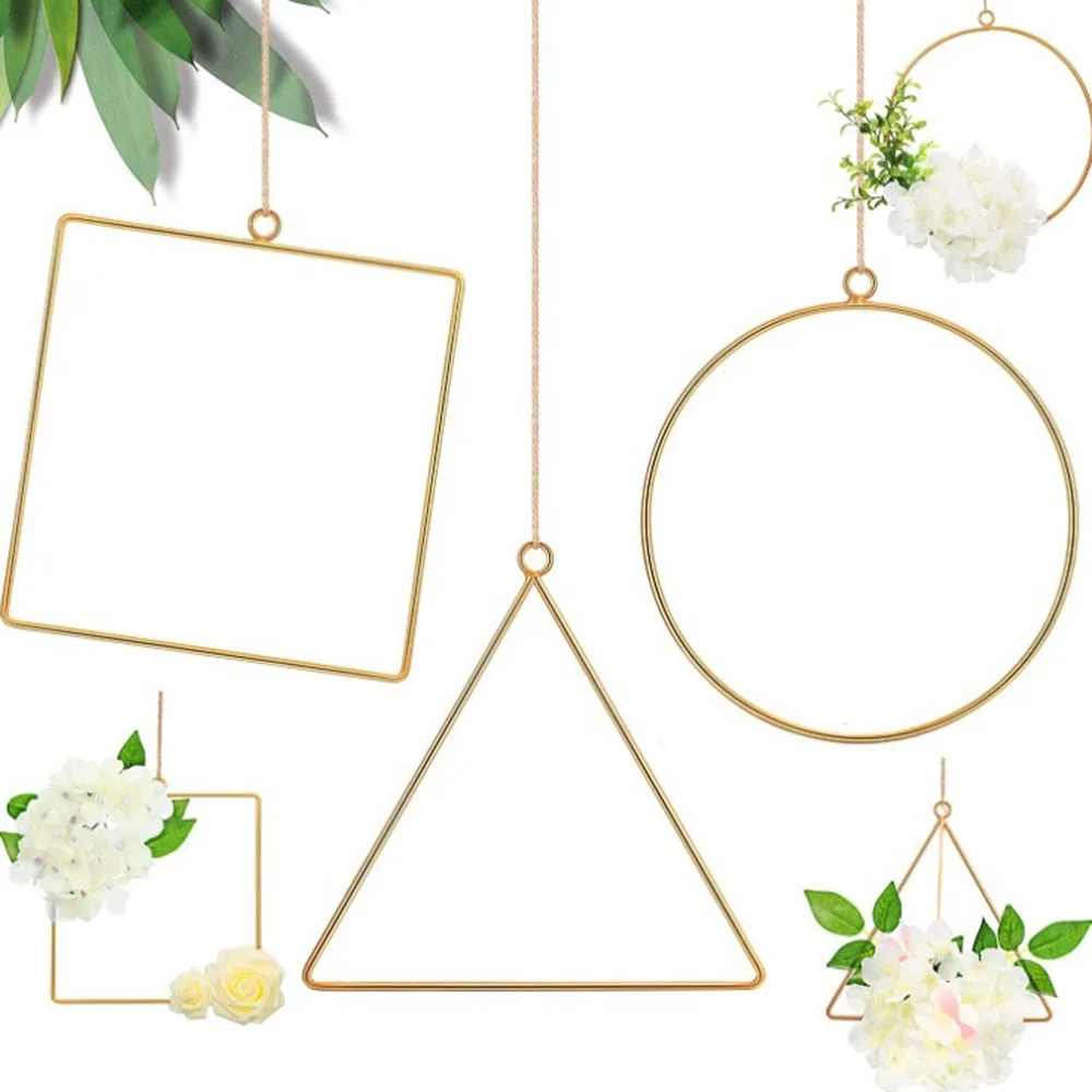 

Geometric Metal Wire Wreath Hoop Frame Artificial Flower Garland Wall Hanging Decoration Wedding Party Simulation Flower Pendant