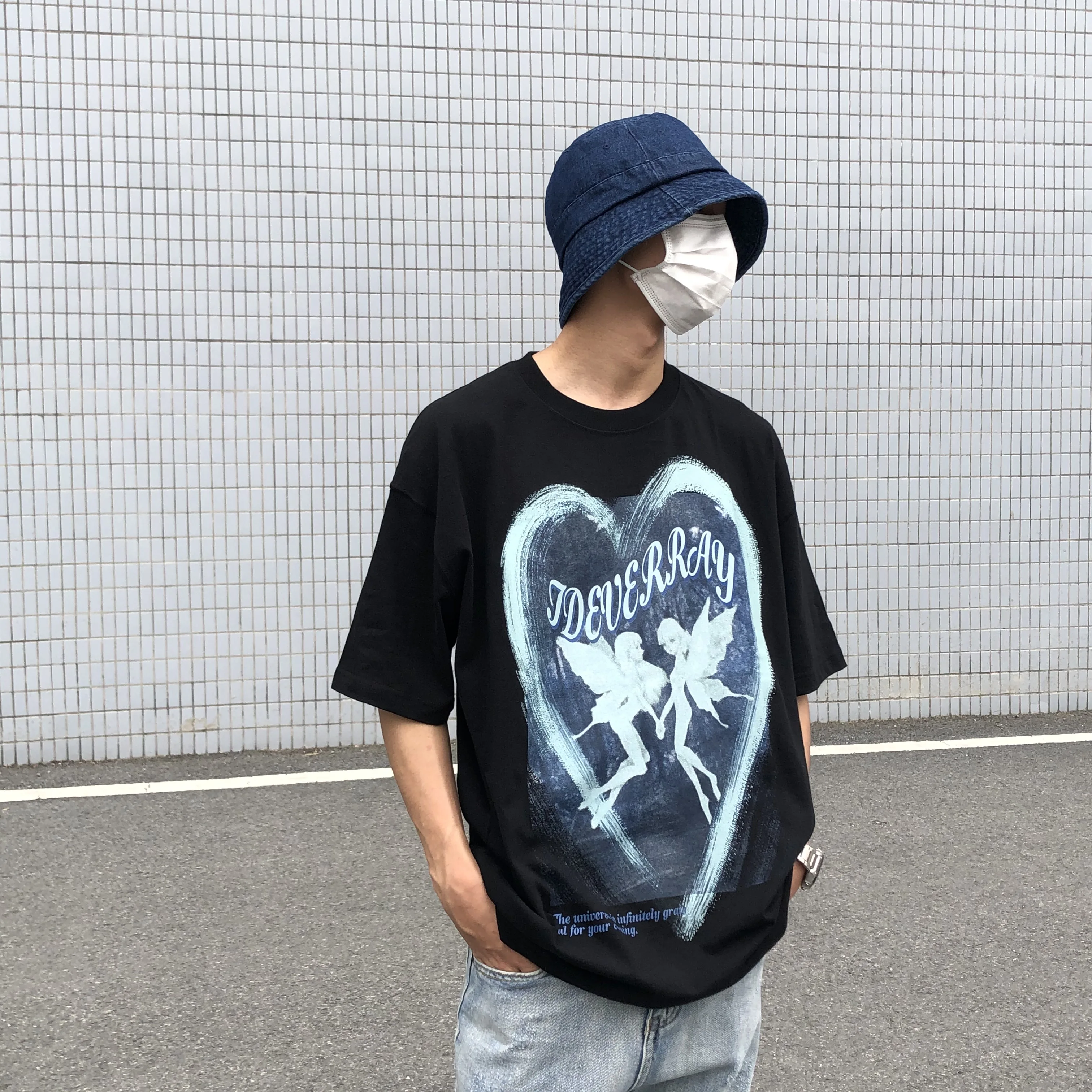 

T-shirt retro elf print for men and women short-sleeved dark hip-hop loose casual large size autumn new trend top simple