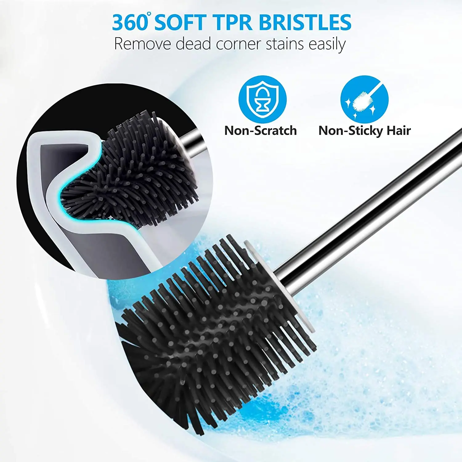 

Silicone Toilet Brush With Ventilated Holder Bowl Brush 304 Stainless Steel Long and Large Handle for Bathroom-Ergonomic Elegant