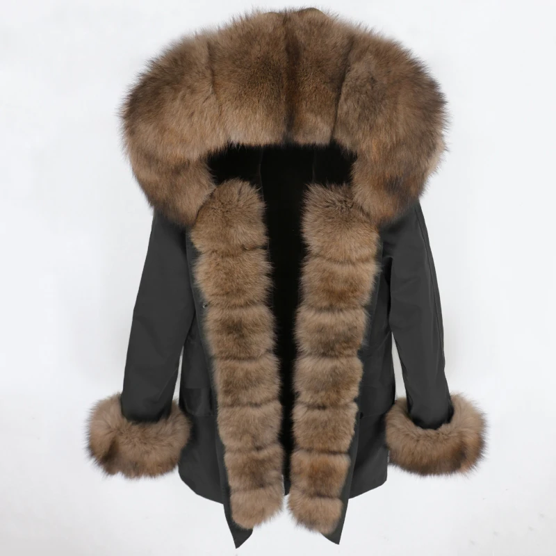 OFTBUY, водонепроницаемая парка, натуральное меховое пальто, зимняя куртка для женщин, воротник из натурального меха енота, капюшон, подкладка из натурального кроличьего меха, съемная - Цвет: black brown