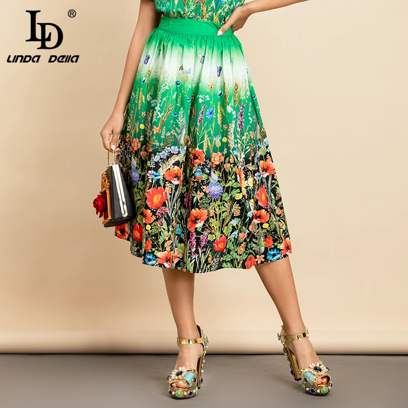 

LD LINDA DELLA Новинка 2021, женская летняя модная подиумная юбка миди с высокой талией и цветочным принтом, элегантные женские хлопковые юбки трапе...
