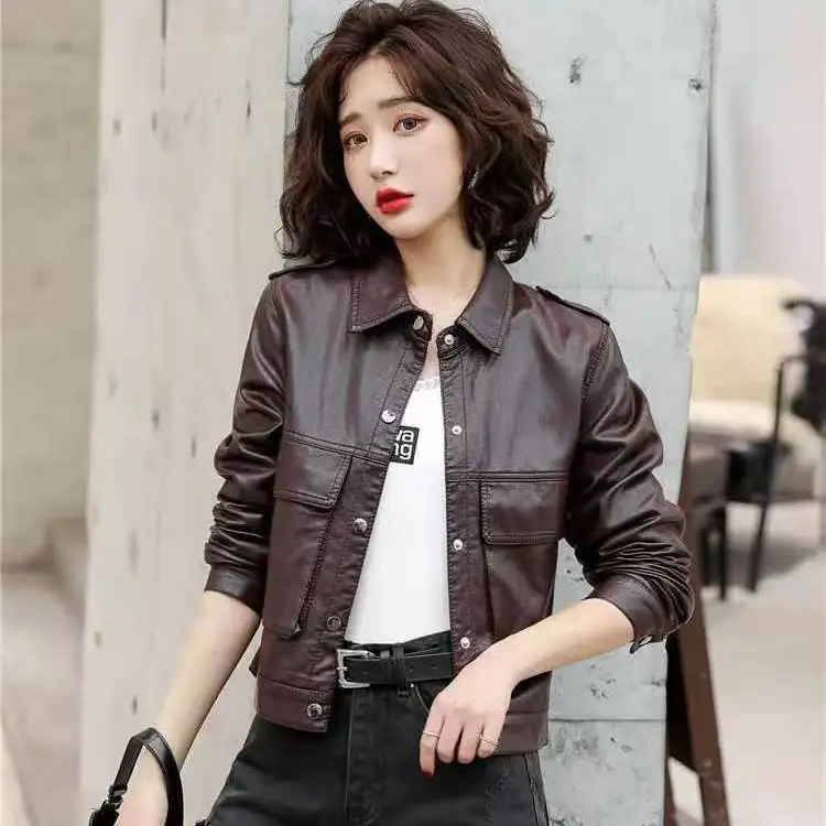 

2021 Spring Autumn Chic Women Slim Short Faux Leather Jacket Female PU Leather Casual Motor Biker Jackets Fashion Outerwear X620