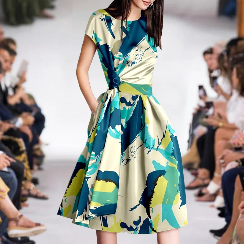 

2021 Summer Runway New Style Bohemian Print Flower Bow Knot Slim Temperament Big Pendulum Mid-Length Dress High Quality