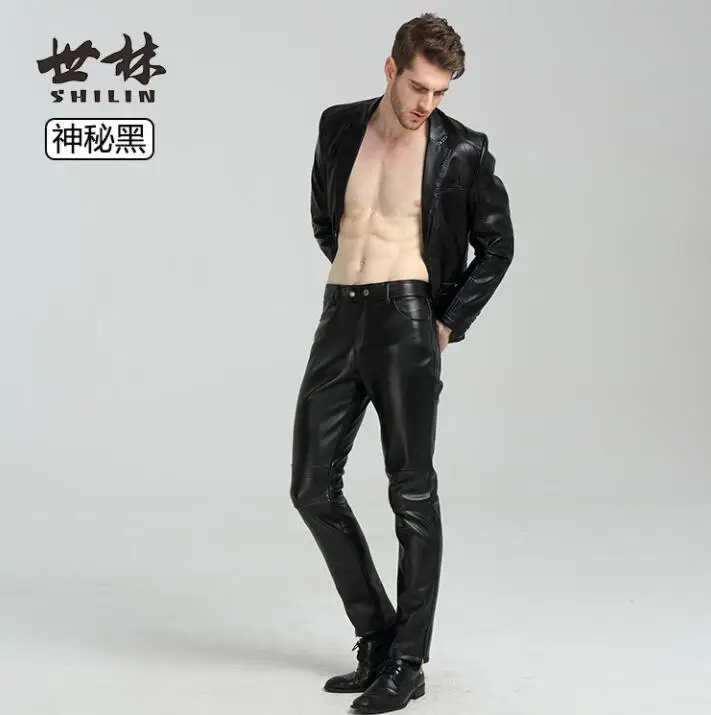 Black faux leather pants mens feet pants fashion motorcycle pu trousers for men plus velvet stitching clothes pantalon homme
