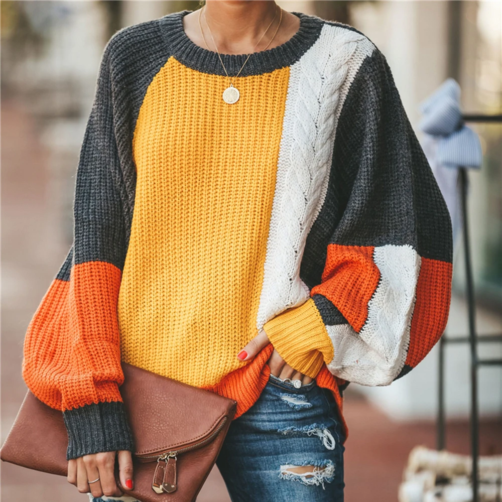 Fashion Women Contrast Color Patchwork Sweaters Autumn Casual Long Lantern Sleeve Knitted Pullovers Streetwear Loose Jumpers Женская