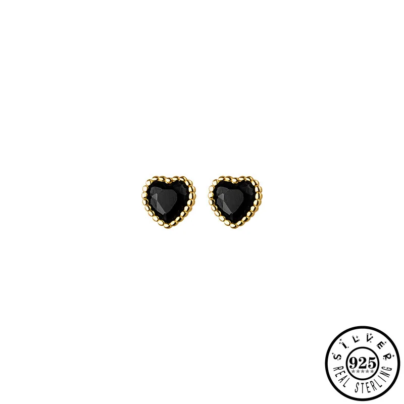 

925 Sterling Silver Black Cubic Zirconia Heart Shape Gold Color Plated Small Studs Earrings Christmas Jewelry Gifts for Women