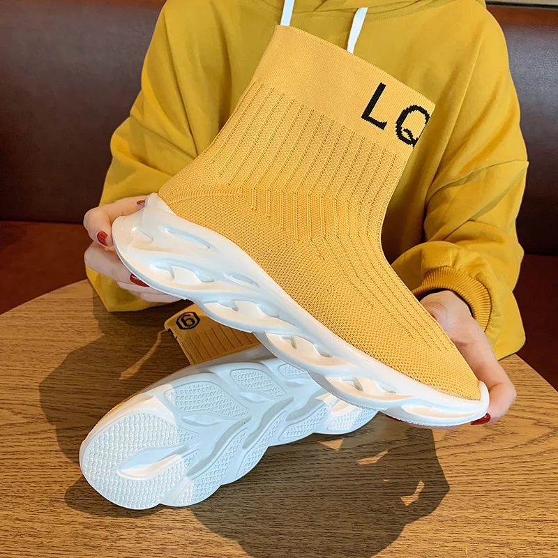 

Spring Autumn Knit Upper Stretch Sock Ankle Boots 2020 Breathable Chunky Sole Women Sneakers Platform Flat Casual Shoe