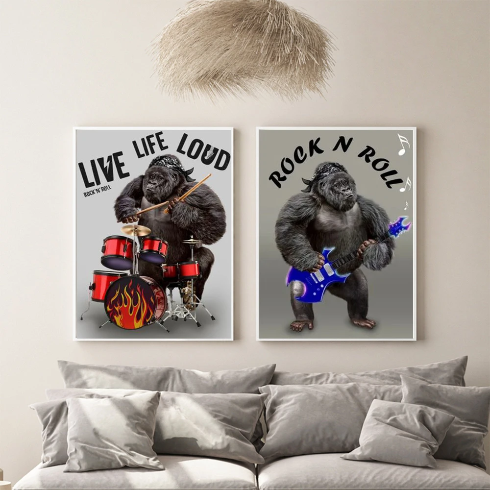 

Punk Rock Gorilla Drummer Guitarist Canvas Paintings on the Wall Poster And Prints Animals Wall Art Pictures for Room Decoration