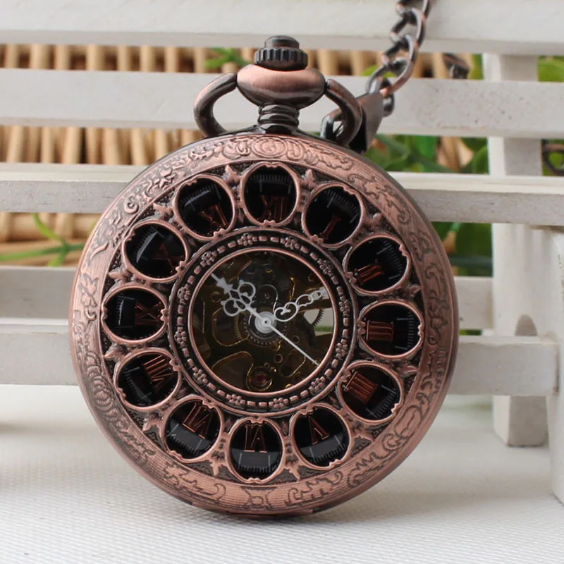 

Vintage Flower Hollow Copper Mechanical Pocket Watch Hand Wind Watches Chain Skeleton Steampunk Men Women Gift TJX008