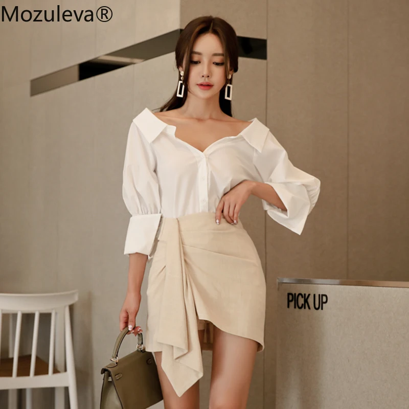 Mozuleva 2019 элегантный офисный Женский комплект из 2 предметов тонкая белая рубашка с