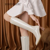 robespiere ladies leather knee length boots with zipper elegant simple high heels square toe thick heel womens boots b226