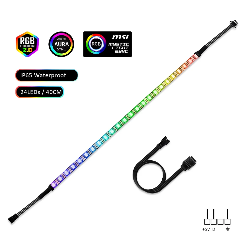 1x40cm 24leds IP65 Светодиодные ленты светильник RGB 5V прибор приемно-ws2812b полосы для ПК чехол материнская плата 3 контактный разъем для ASUS Aura SYNC, MSI Mystic светильник синхронизации - Испускаемый цвет: 1x40cm 24leds IP65