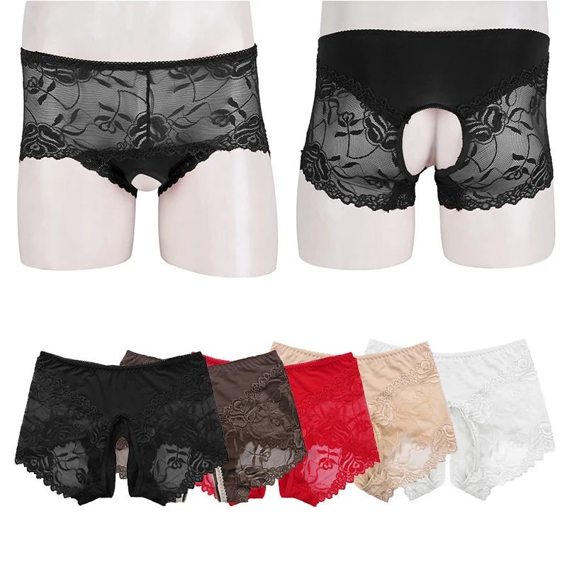 Эротические мужские сетчатые прозрачные кружевные трусы-боксёры с рюшами