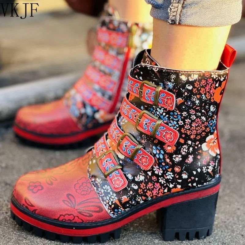 

New Women Ankle Boots Ladies British PU Metal Buckle Woman Boots Female Heels Mixed Color Fashion Platform Botas Mujer Round Toe