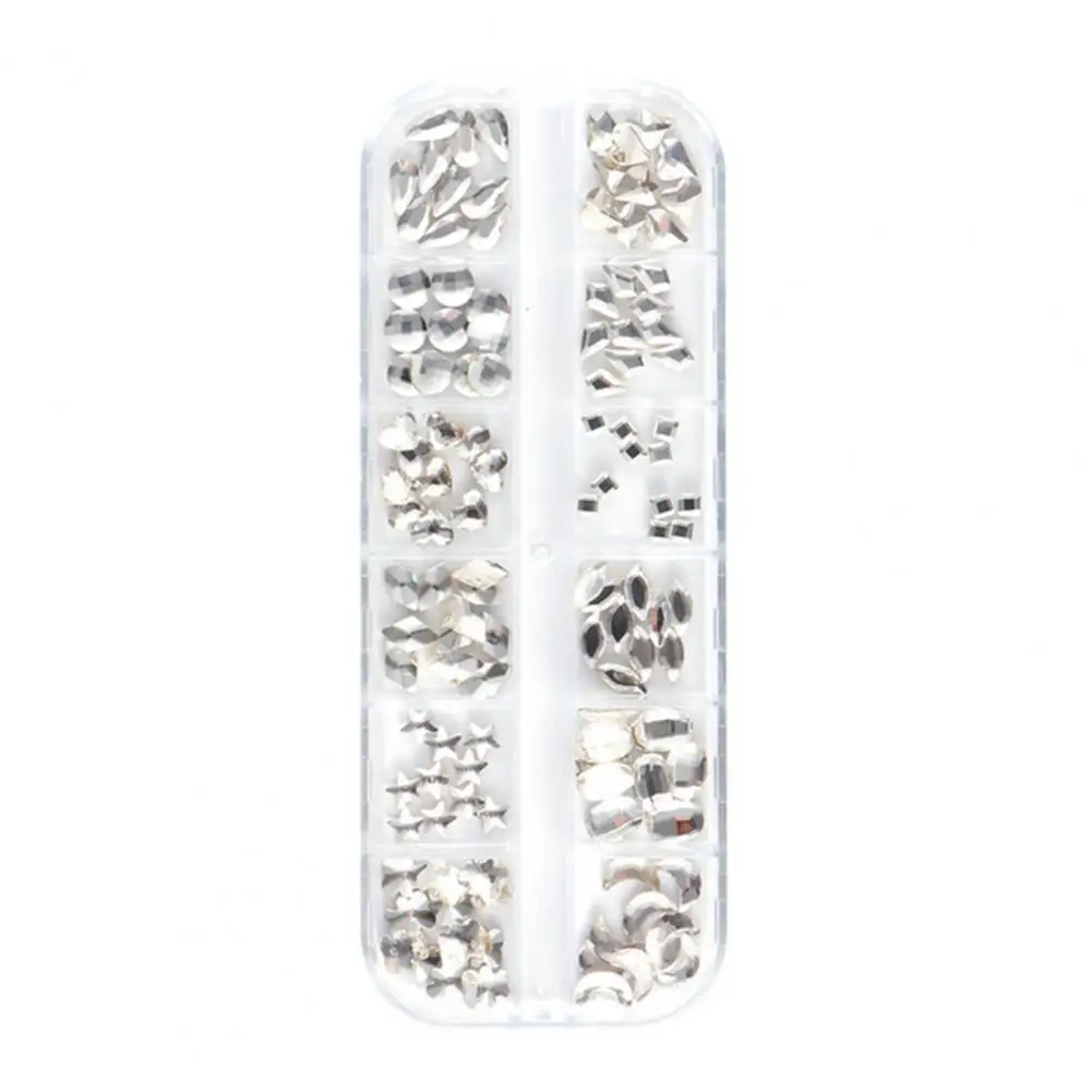 

80% Hot Sale 12 Grids/Box Nail Rhinestone Flat Bottomed Beautify Nails Multiple Shape AB Shiny Flat Nail Decoration Beads