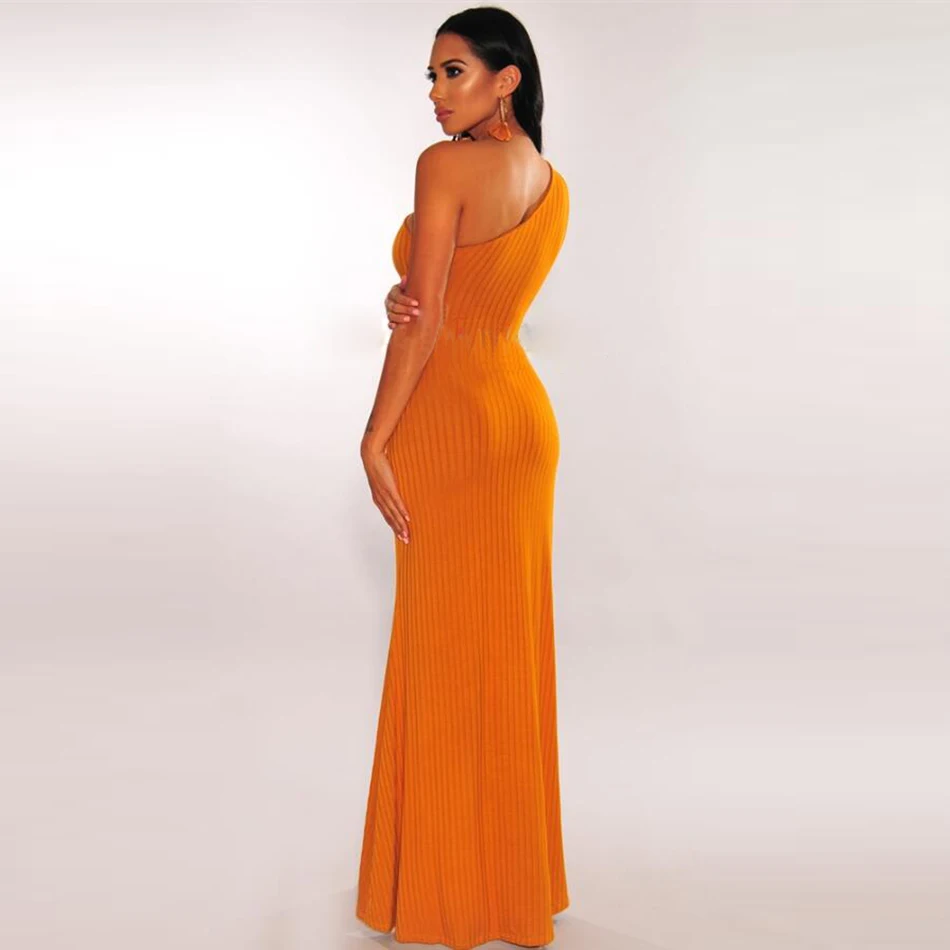 

2019 New Fashion Women'S Long Sexy Knit Design Sleeveless One Shoulder Bodycon Dress Celebrity Evening Party Runway Vestidos