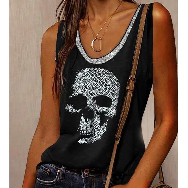

Skull Tank Top Women Streetwear Sexy Tops for Women Plus Size Loose Round Neck Sleeveless Tshirts Lugentolo