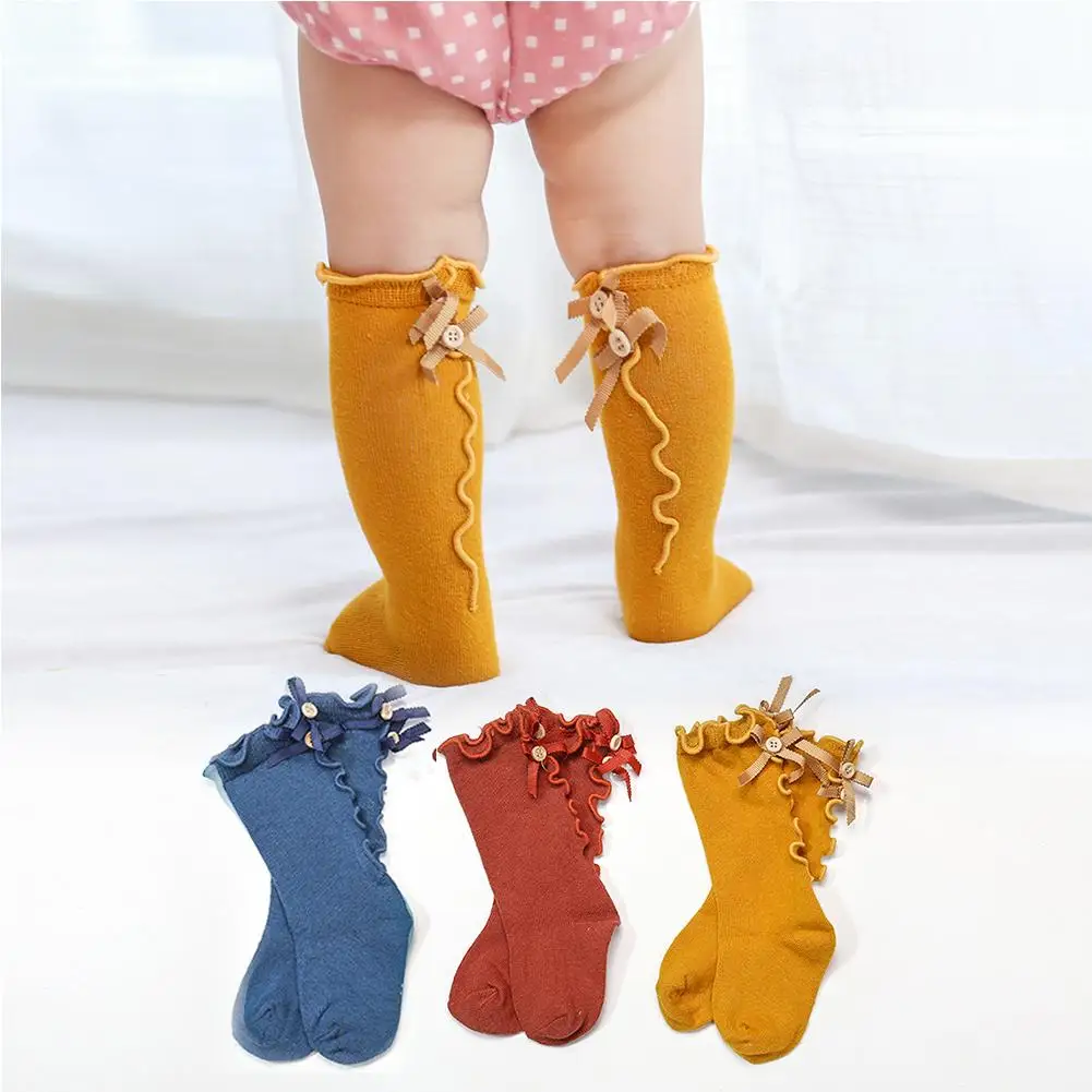 Милые носки до колен из мягкого хлопка с бантом и пуговицами для маленьких
