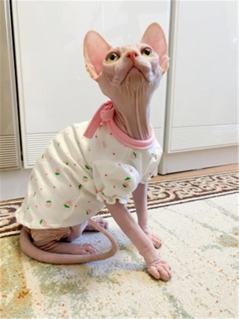 

Sphynx Cat Sisters flower Cute Strawberry puff Sleeve Bow Hairless Cat Clothes Summer Thin Sleeveless Skirt