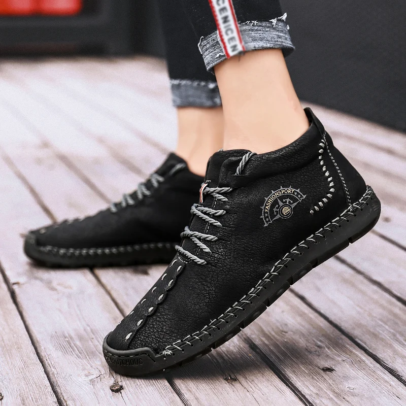 Мужские повседневные ботинки JUNJARM коричневые теплые из натуральной кожи на