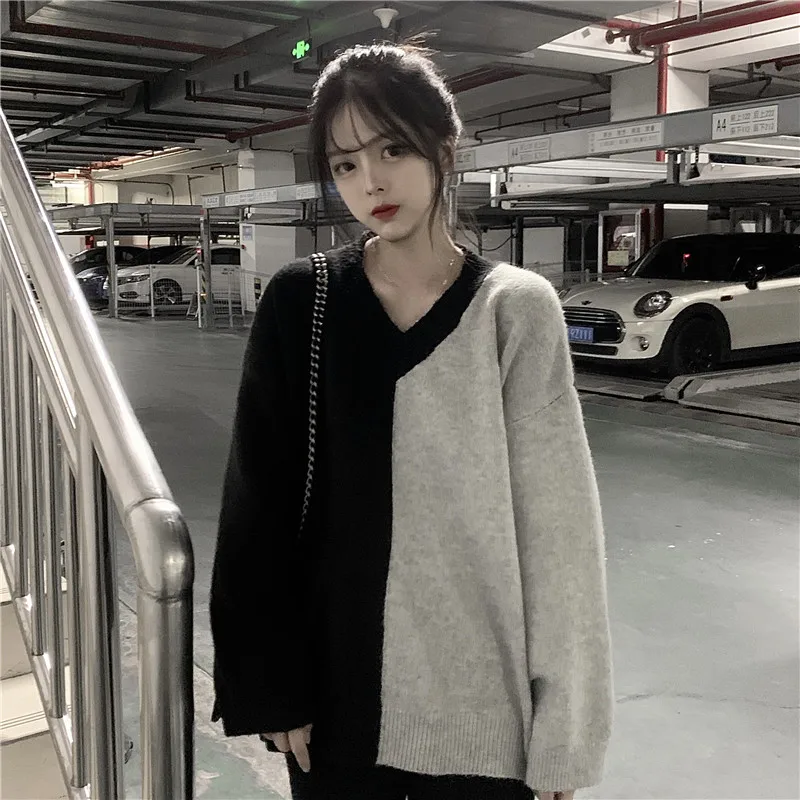 

Новый модный пэчворк, женский свитер, пуловер, свитер с длинными рукавами теплый комплект зимней одежды, корейский стиль, с разноцветными v-о...