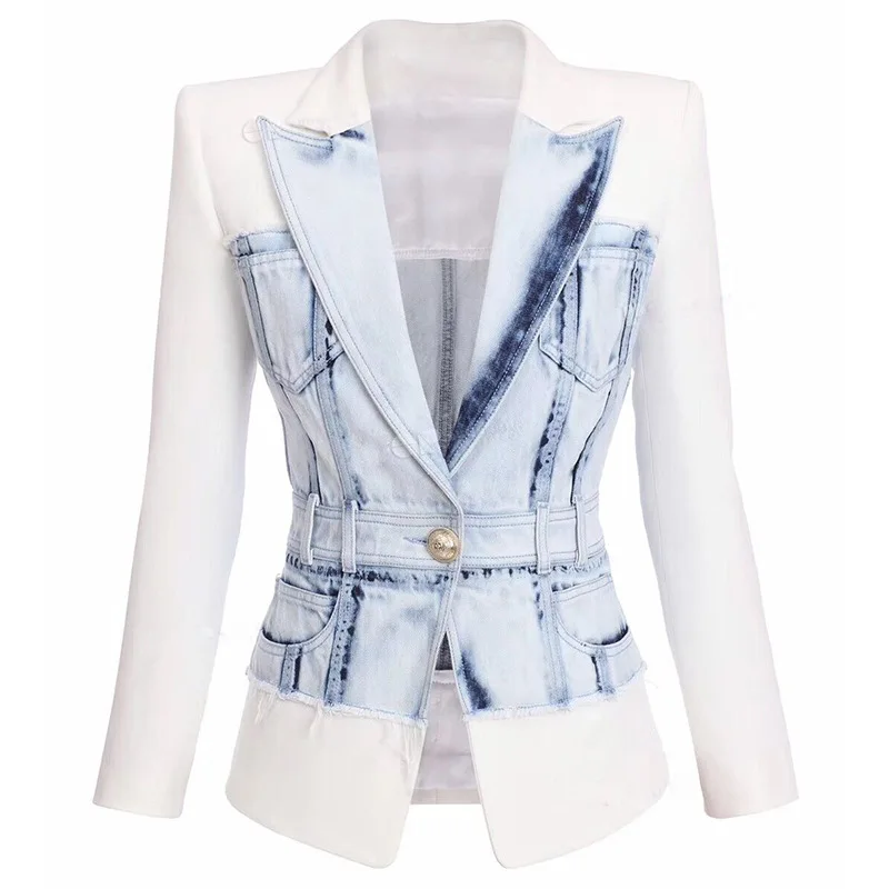 

2020 New Arrival Autumn High Quality Women Cotton Casual White Blue Coat Women Fashion Denim Patchwork Women Coat For Ladies
