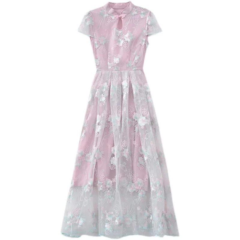 

COIGARSAM 3XL Plus Size Cheongsam Short Sleeve Women Long dress New Summer Vintage Dresses Gray Pink 3101