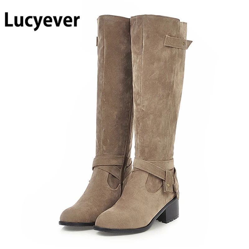 Lucyever/женские сапоги до колена; сезон осень-зима; сапоги из флока с боковой молнией на квадратном каблуке В рыцарском стиле; Botas Mujer Vintgae; однотонная женская обувь; большие размеры