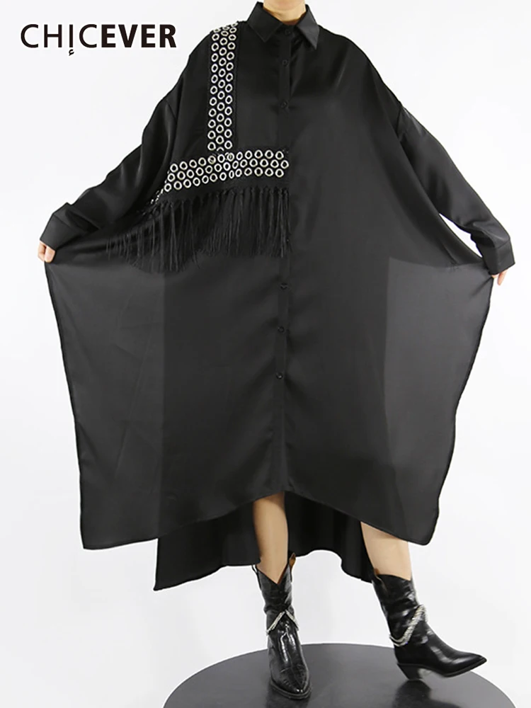 

CHICEVER Casual Temperament Loose Colorblock Patchwork Dress Female Lapel Long Sleeve Fashion Vintage Dresses For Women 2021 New