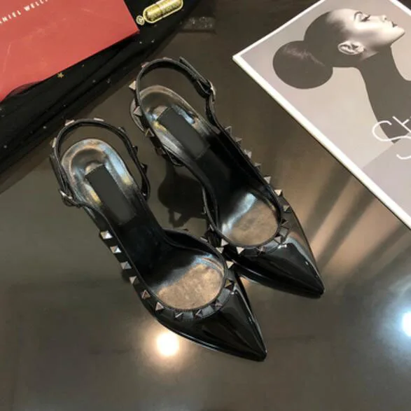 12 Women Dress Shoes rock Patent High Heels stud Pumps Rivets Real Leather Pointed Toe Wedding Shoes Gift Party Shoes - Цвет: 12