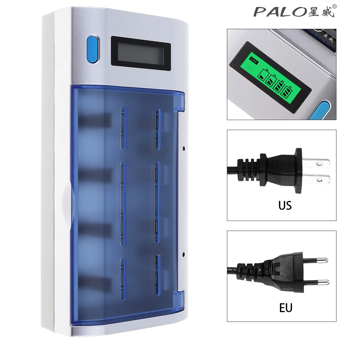 

PALO 4 Slots Rechargeable LCD Display Smart Screen Battery Charger with Over Temperature for Ni-MH NI-CD AA AAA SC 9V Batteries