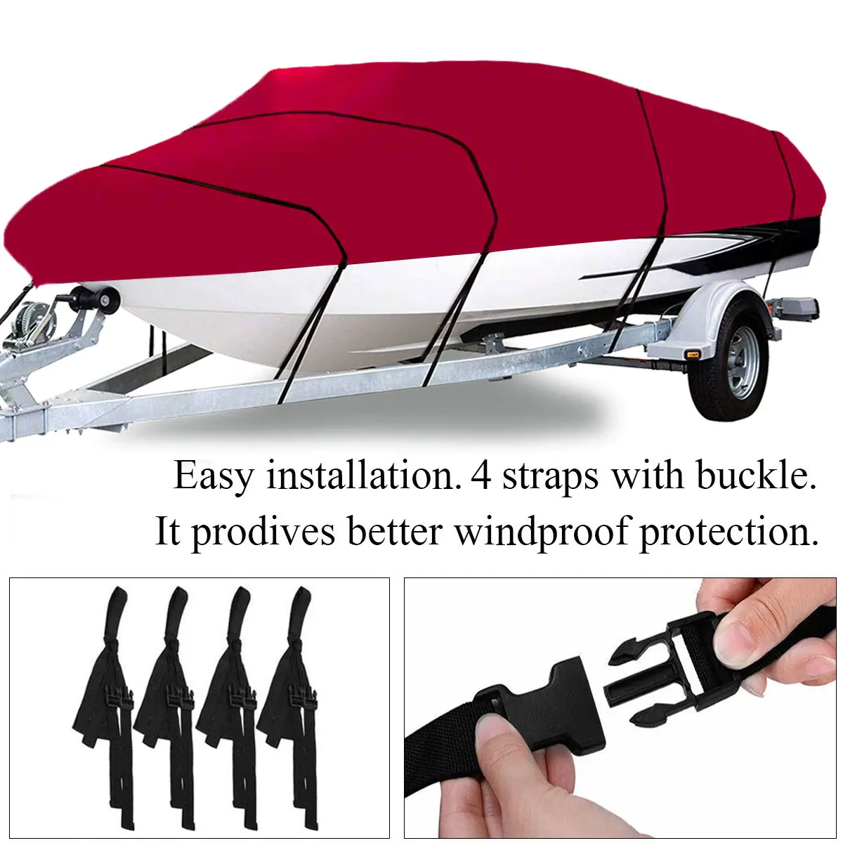 

11-22 Ft 210D Red Heavy Duty Boat Cover Waterproof Anti UV Sun Dustproof Fishing Ski Marine Trailerable V-Hull Protect Canvas