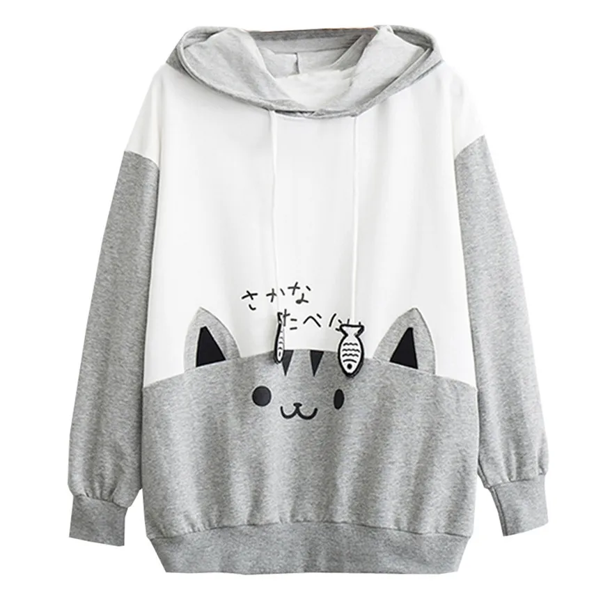 Kpop Женская одежда оверсайз женская s повседневная с длинным рукавом Kitty Cat Печать Карманный тонкое худи Блуза Топ рубашка милый свободный флис