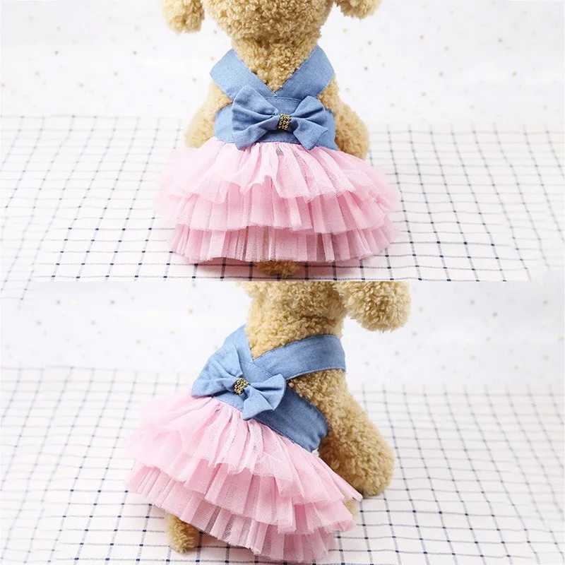 Розовая юбка для собак джинсовое платье принцессы с бантом одежда свадебное