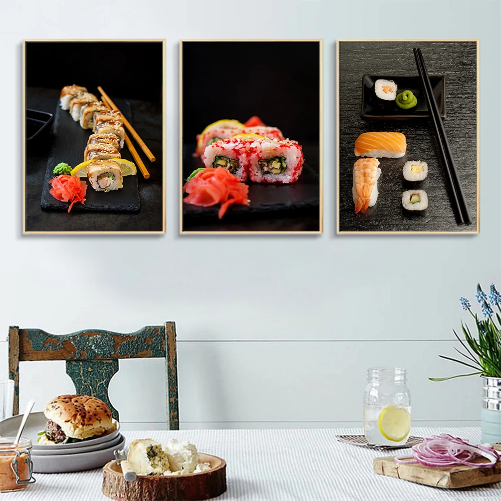 

Japanese Food Sushi Posters Modern Restaurant Dining Hall Decoration Salmon Shrimp Canvas Prints Wall Mural Picture Home Decals