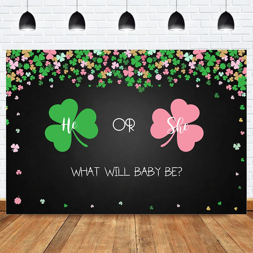 

Lucky Shamrock He or She Baby Shower Backdrop Photocall Gender Reveal Party Photography Background Pink Green Clover Birthday